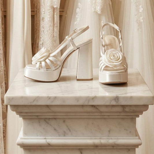 Comfortable White wedding shoes with floral details on a marble pedestal against a backdrop of wedding dresses. in Beirut Lebanon