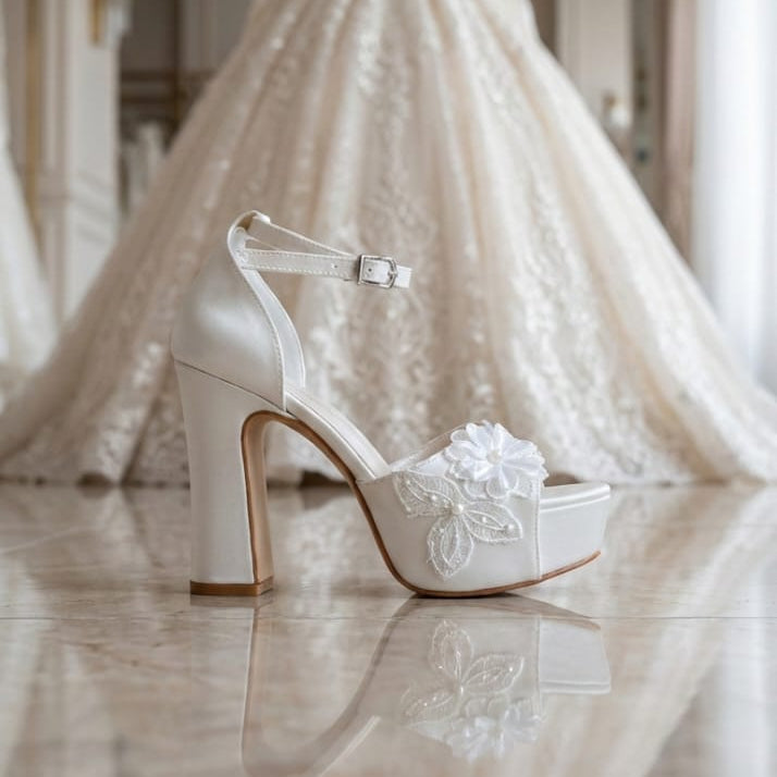 Pearl white double platform high heel bridal shoe featuring delicate floral lace applique on the toe strap, displayed on a reflective marble floor with a wedding dress in the background by White Lily Brides.