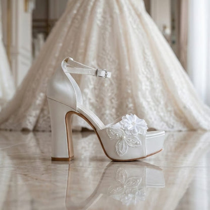 Pearl white double platform high heel bridal shoe featuring delicate floral lace applique on the toe strap, displayed on a reflective marble floor with a wedding dress in the background by White Lily Brides.