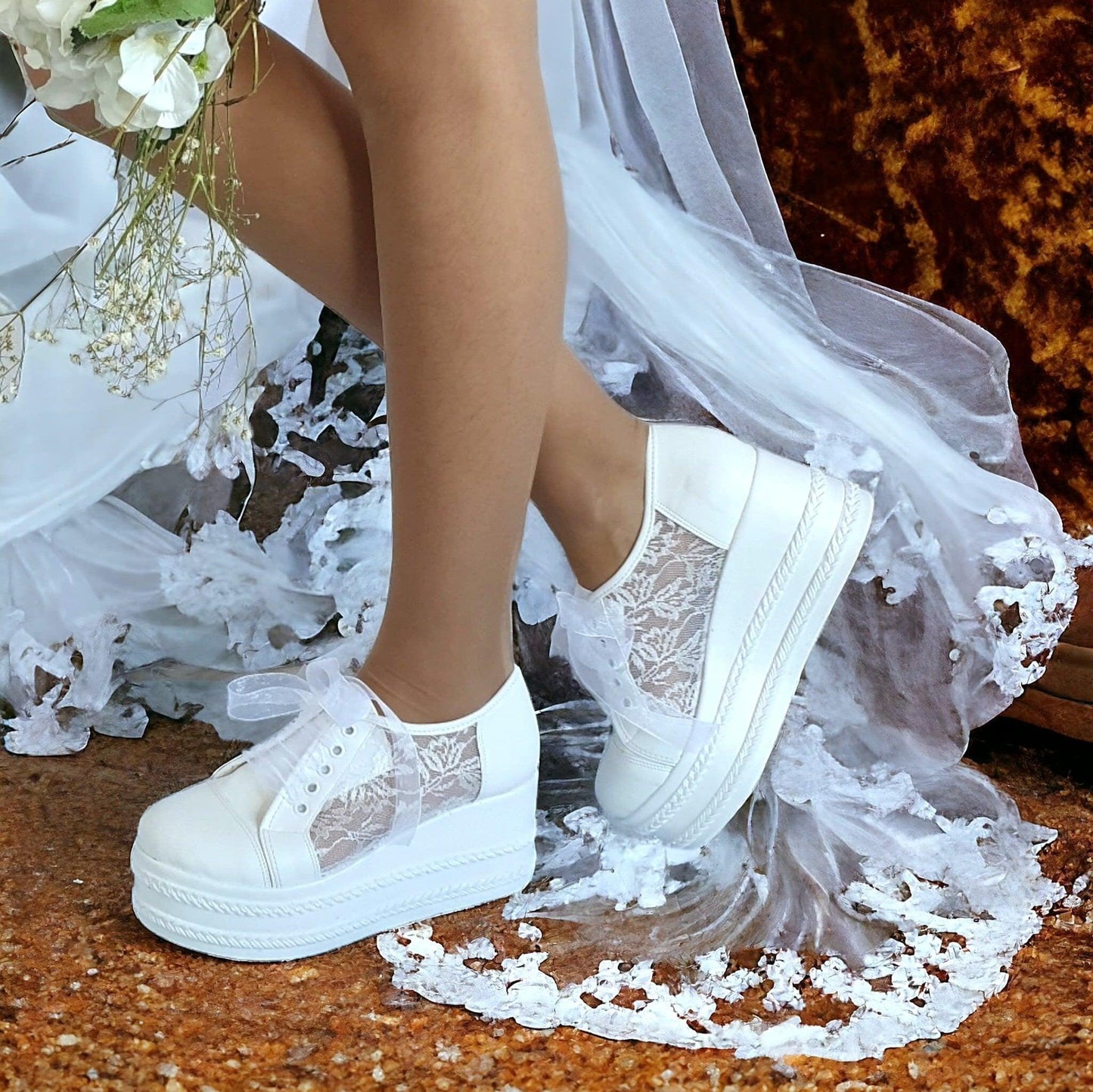 Elegant Bridal Lace Wedge Platform Sneakers in Lebanon