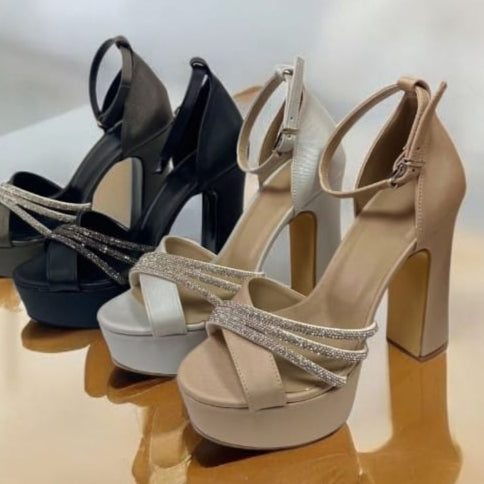 Elegant bridal platform heels with a 12-13 cm block heel and rhinestone straps, available in black, silver, and nude satin. Ideal for weddings, bridesmaids, and special occasions in Beirut Lebanon.