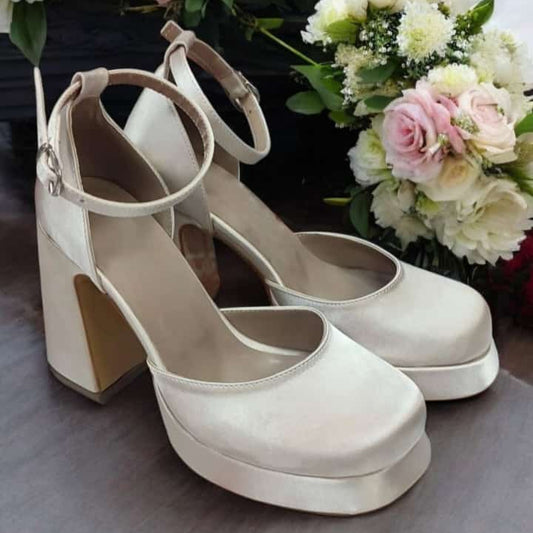 Gold Satin Silver platform wedding heels with ankle strap, bridal block heels for comfort and elegance in Beirut Lebanon