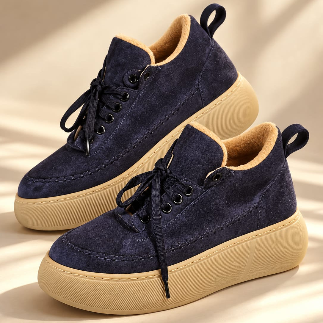Navy Blue Fur-Lined Platform Sneakers – Women's Casual Winter Shoe Beirut Lebanon
