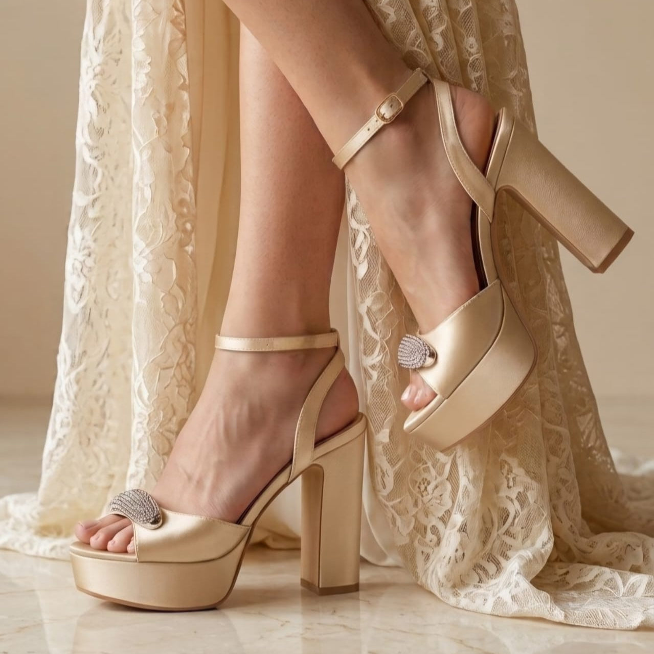 Nude satin platform sandals with ankle straps and rhinestone embellishments, shown on a model's feet with a cream lace dress and marble floor in the background.