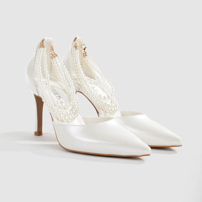 Pearl-strap bridal shoes in ivory Leather with 8cm heel by White Lily Brides.