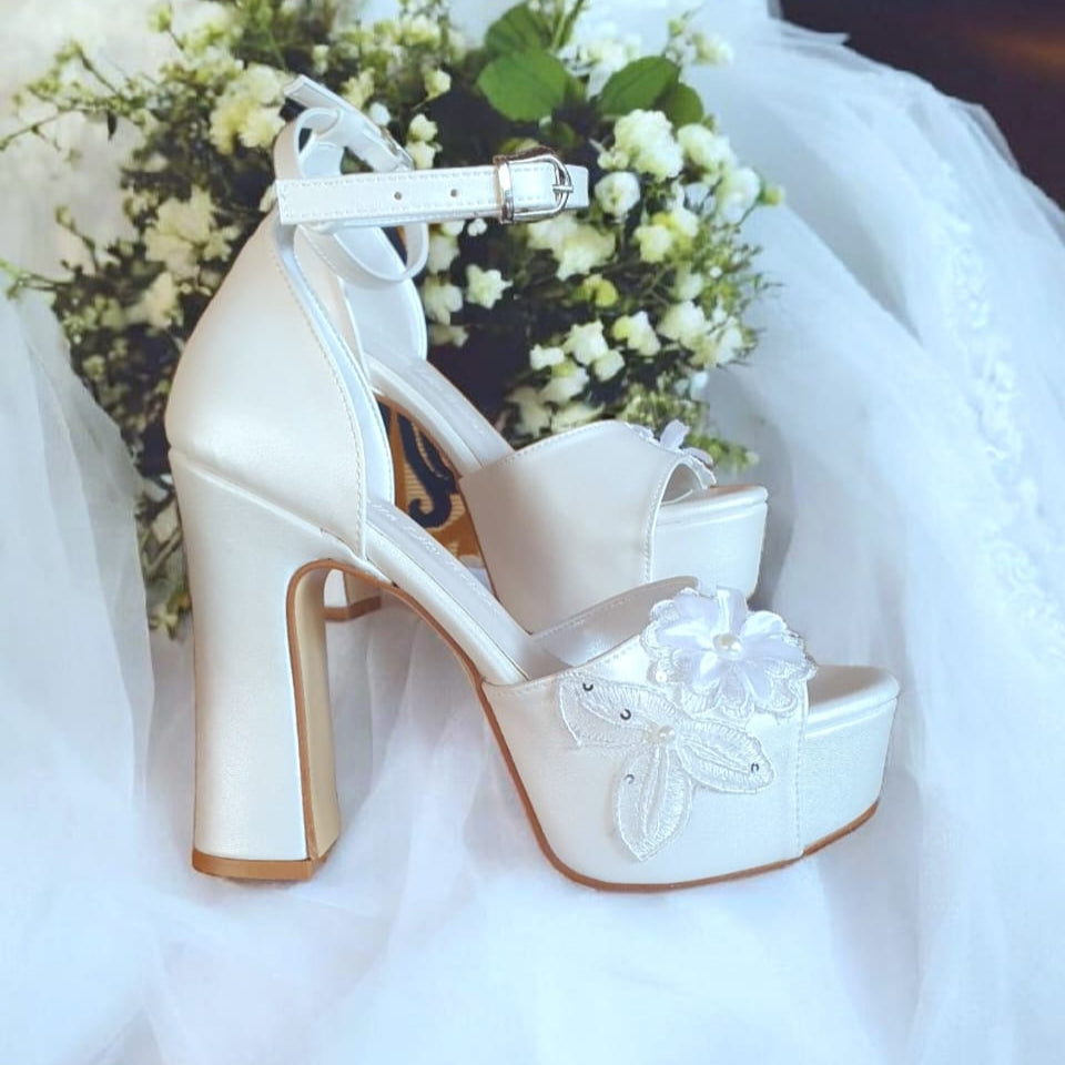 Pearl White Bridal Heels with Lace Applique | White Lily Brides | 12 cm Block Heel | Wedding Bridal Shoes Beirut Lebanon