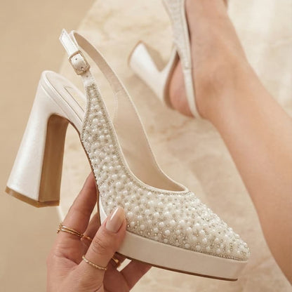 Pearl White Pointed Block Bridal Shoes held