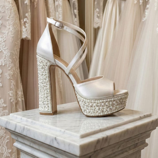 Pearl White high-heeled Bridal Shoes  on a marble pedestal with wedding dresses in the background Lebanon