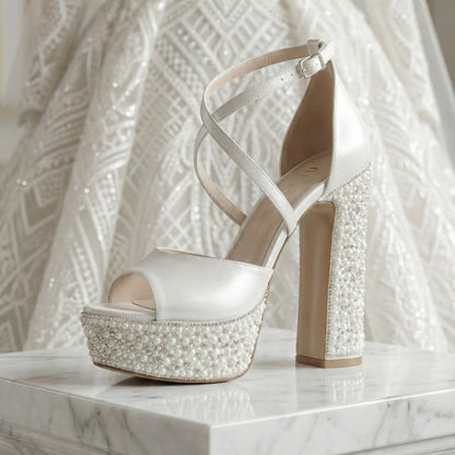 Pearl White high-heeled sandal with pearl embellishments on a marble surface, with a white wedding lace dress in the background. Beirut