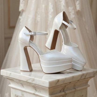 Pearl White high-heeled shoes on a marble pedestal with a blurred wedding dress in the background in Beirut and  Lebanon