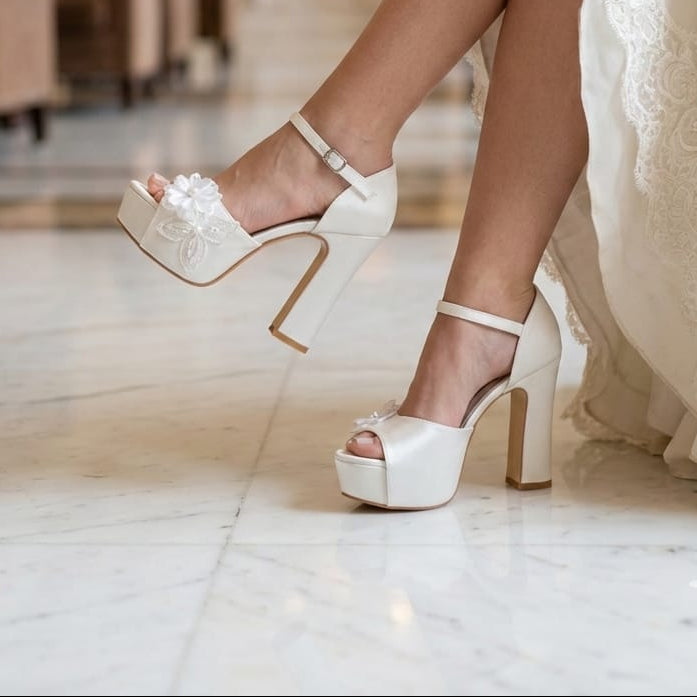 Pearl White high-heeled wedding shoes worn by a bride in an elegant indoor setting in Beirut Lebanon
