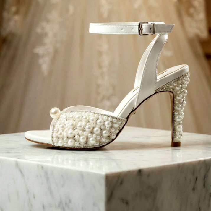 Pearl White pearl-heeled bridal shoe on a marble surface with a blurred wedding dress in the background in bridal boutique in Beirut 