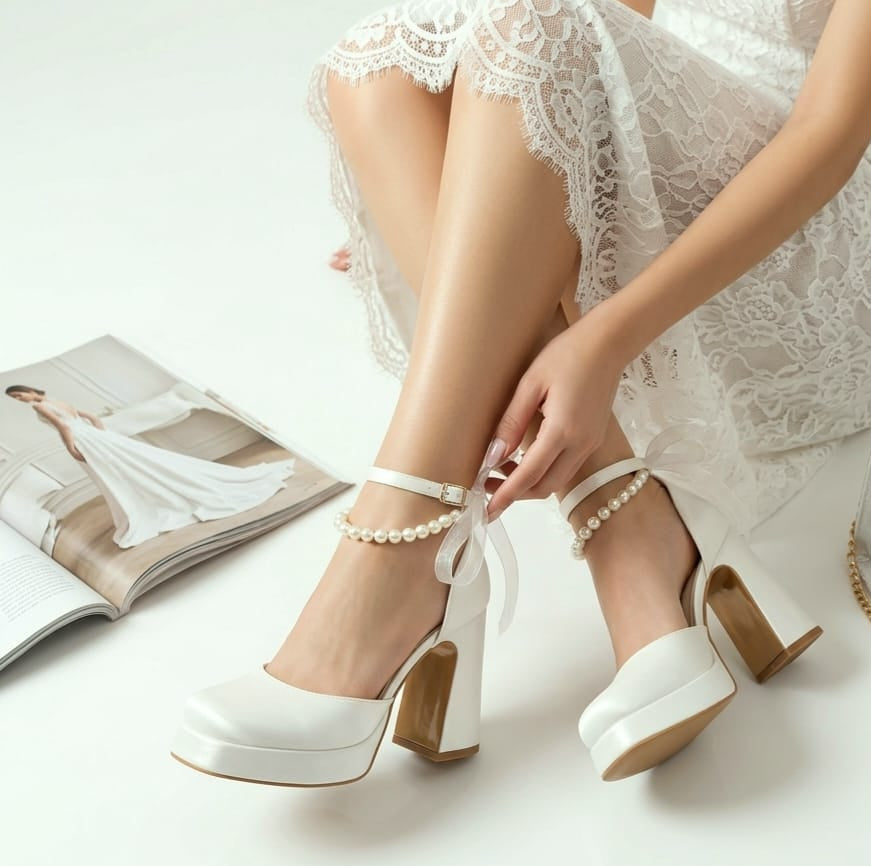 Pearl White wedding bridal shoes with pearl straps being worn by a bride in a white wedding dress in beirut Lebanon