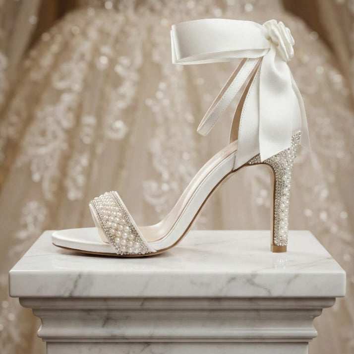 White wedding shoe with bow on a marble pedestal against a sparkling background wedding dress beirut