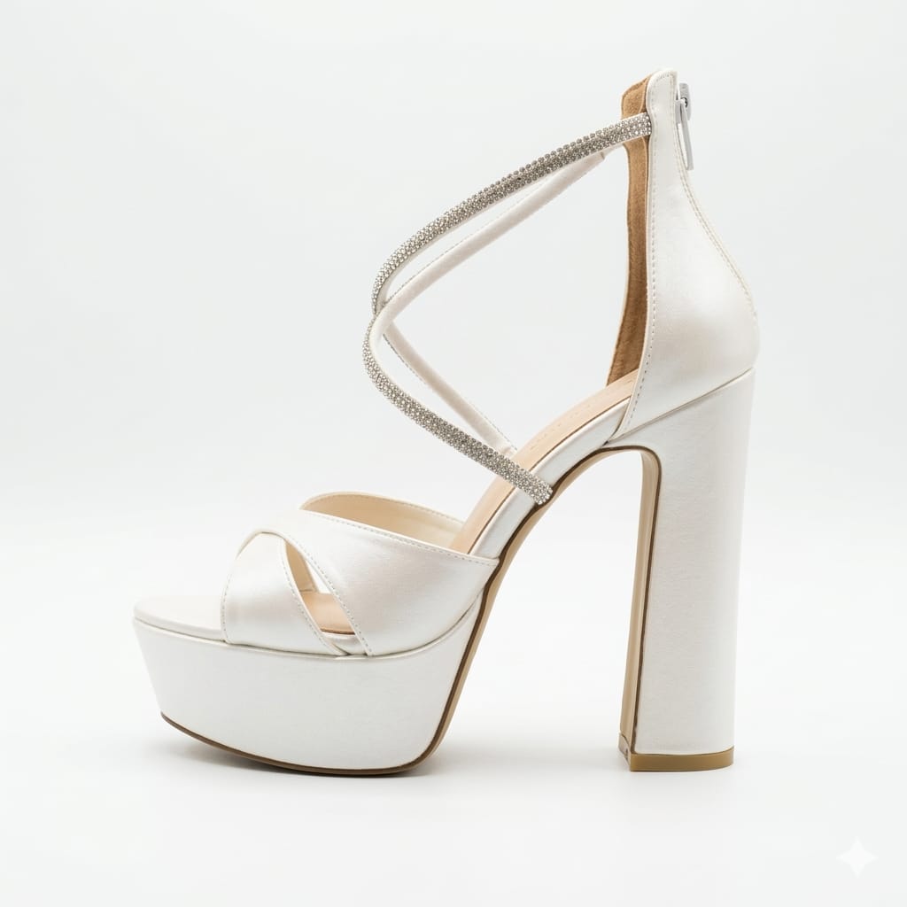 Side view of Pearl white  bridal platform heels with a 14cm block heel and rhinestone-embellished straps, available in Beirut, Lebanon.