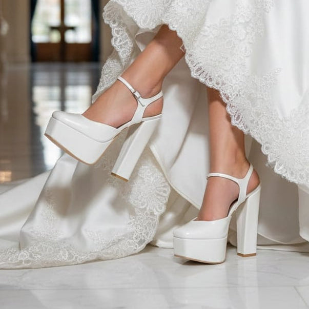 Bride in a white wedding dress with white platform shoes in an elegant indoor setting.