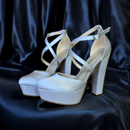 Silver satin bridal heels with a 14 cm block heel and a 4 cm platform, featuring double Semele design, ideal for weddings, bridesmaids, engagements, graduations, and special occasions. Beirut Lebanon