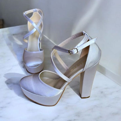 Silver satin bridal heels with a 14 cm block heel and a 4 cm platform, Beirut Lebanon