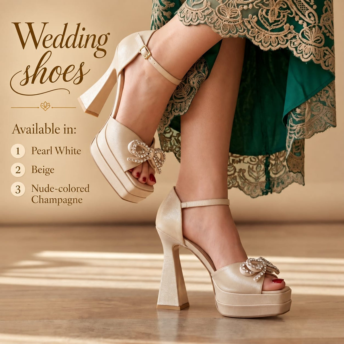 A pair of women's platform high-heeled wedding shoes shown on a model's feet, with one shoe in front and the other angled upward. The shoes are a warm champagne beige with jeweled embellishments on the straps.