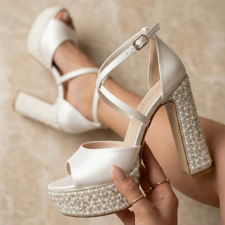 Pearl White high-heeled shoes with pearl embellishments held by a hand against a neutral background