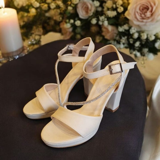 Wedding Satin pearl white block heel bridal sandals with 10cm heel and 2cm platform Beirut Lebanon