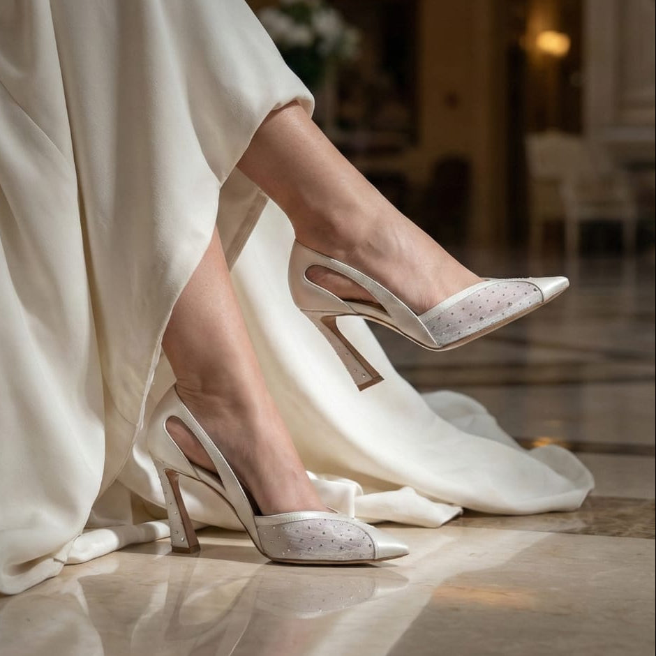 Wedding dress and 11cm Pearl White lace  high heels in a formal setting.