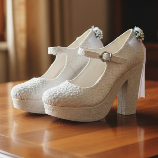 White lace high-heeled Bridal shoes on a wooden surface with a blurred background
