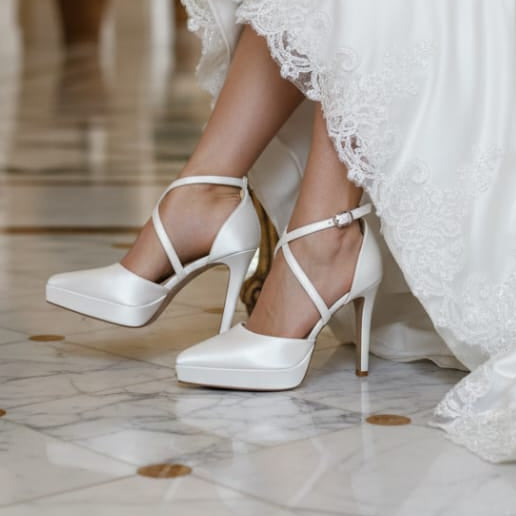 Bridal White high-heeled shoes worn with a white Wedding dress