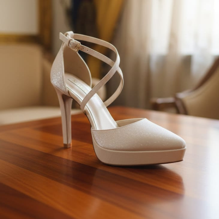 White high-heeled shoe on a wooden surface with a blurred background