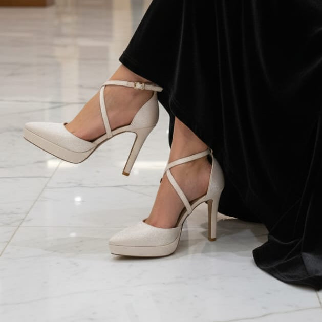 Nude platform bridal heels with ankle strap and 11–12 cm heel, wedding shoes by White Lily Brides in Beirut Lebanon