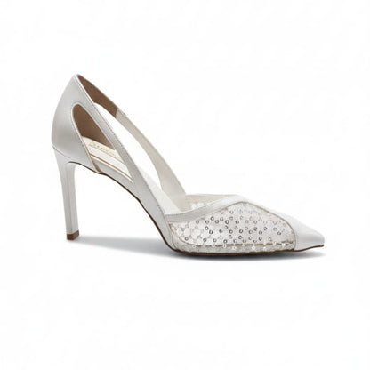 White high-heeled shoe with clear embellishments on a white background
