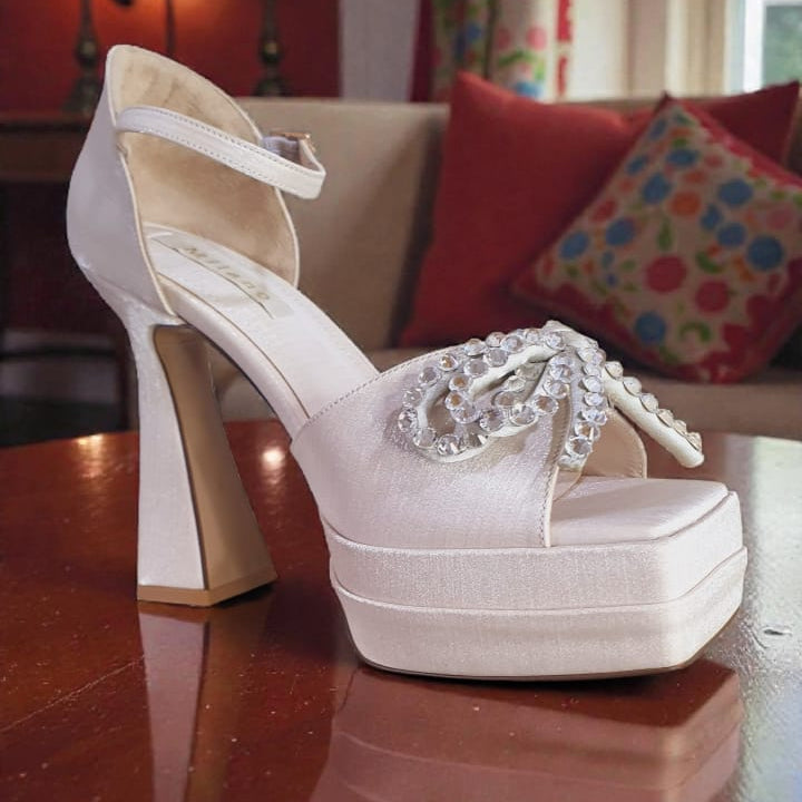 13 cm Champagne High Heel Platform Bridal Shoes with Crystal Bow Lebanon M13-Nude-O
