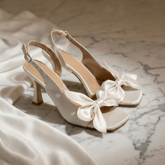 White high-heeled shoes with satin bows on a marble surface