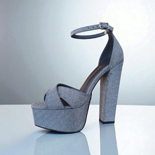 Metallic silver-gray block heel platform sandal with ankle strap, perfect for weddings and parties in Lebanon.