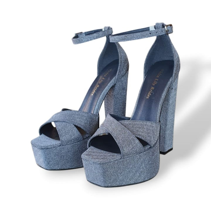 Metallic silver-gray block heel platform sandal with ankle strap, perfect for weddings and parties in Lebanon
