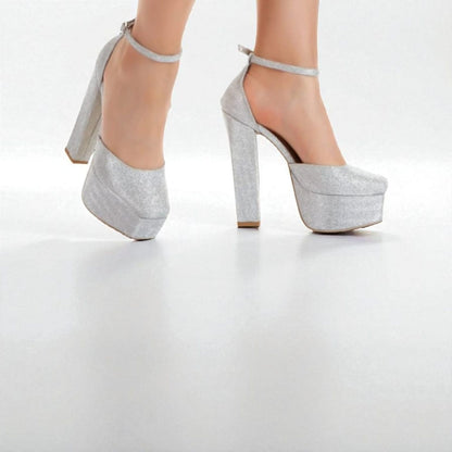 16SU 16cm Silver Glitter Block Heels - 5cm Double Semelle