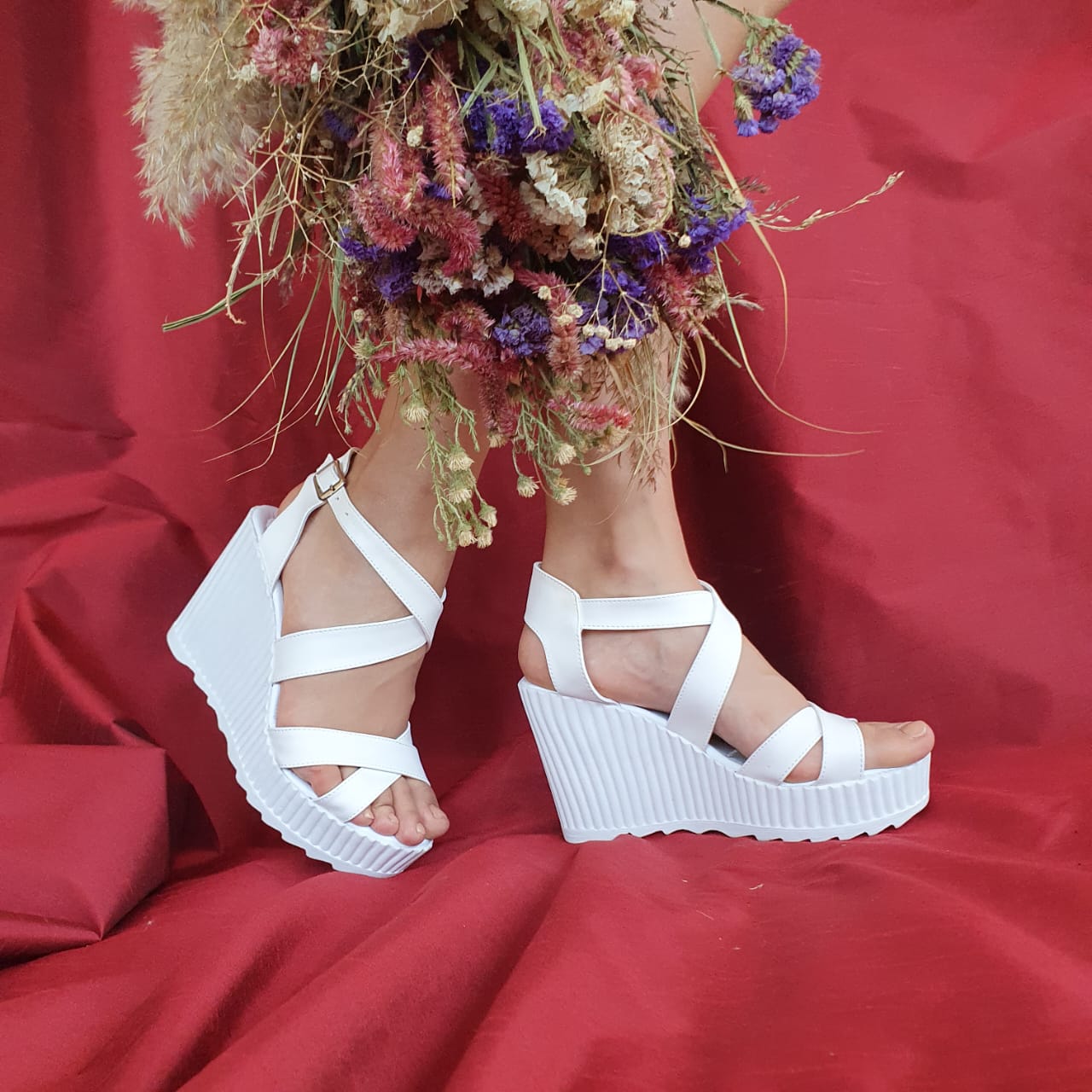 SX 11-12cm White Wedding Bridal Wedge Rock Heeled Sandals.