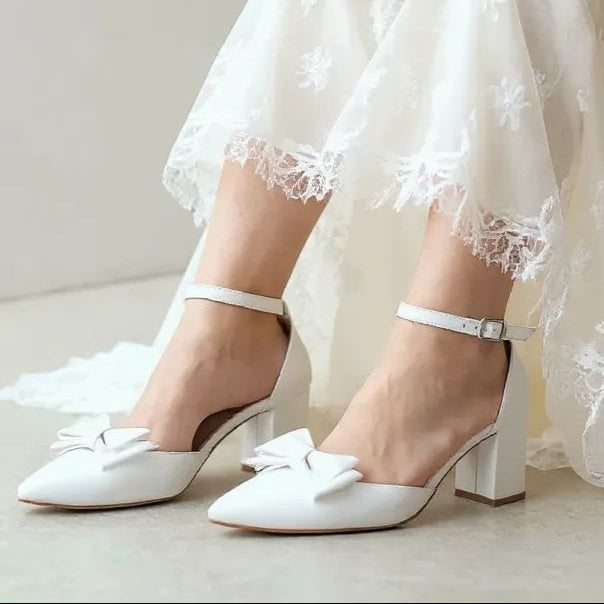 White Leather Block Heels with Bow – Bridal &amp; Occasion Shoes | White Lily Brides Lebanon.