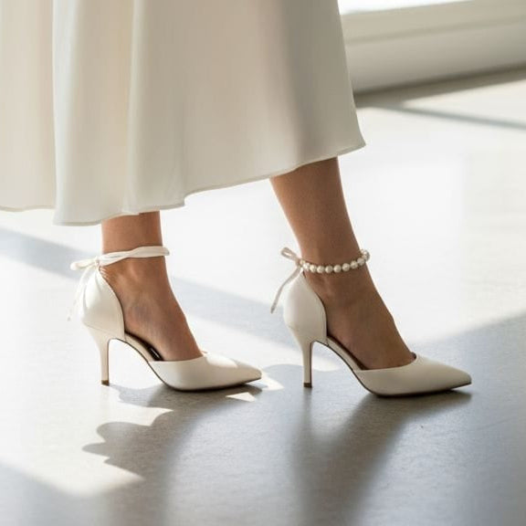 Person wearing a white dress and high heels in a bright room with large windows.