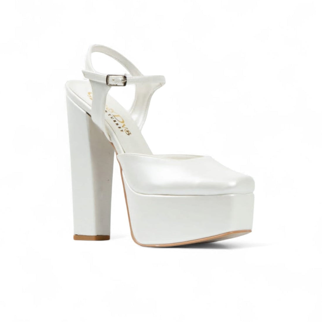 White high-heeled platform shoe on a white background