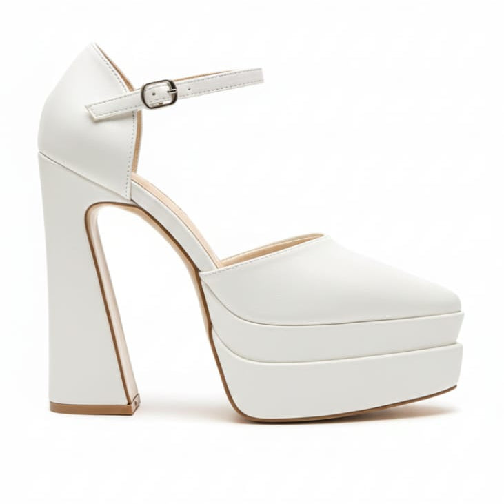 White high-heeled platform shoe on a white background