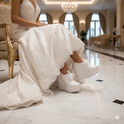 Person wearing a white lace dress and platform shoes in an elegant indoor setting.