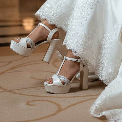 White wedding shoes with high heels worn by a person in a white dress on a patterned floor.