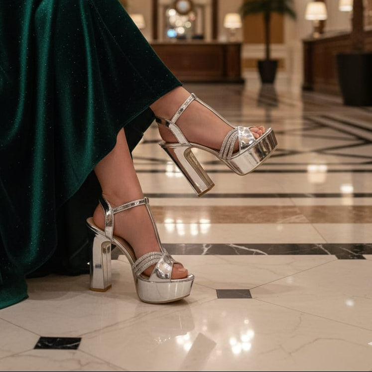 Person wearing silver high-heeled shoes in a luxurious interior setting