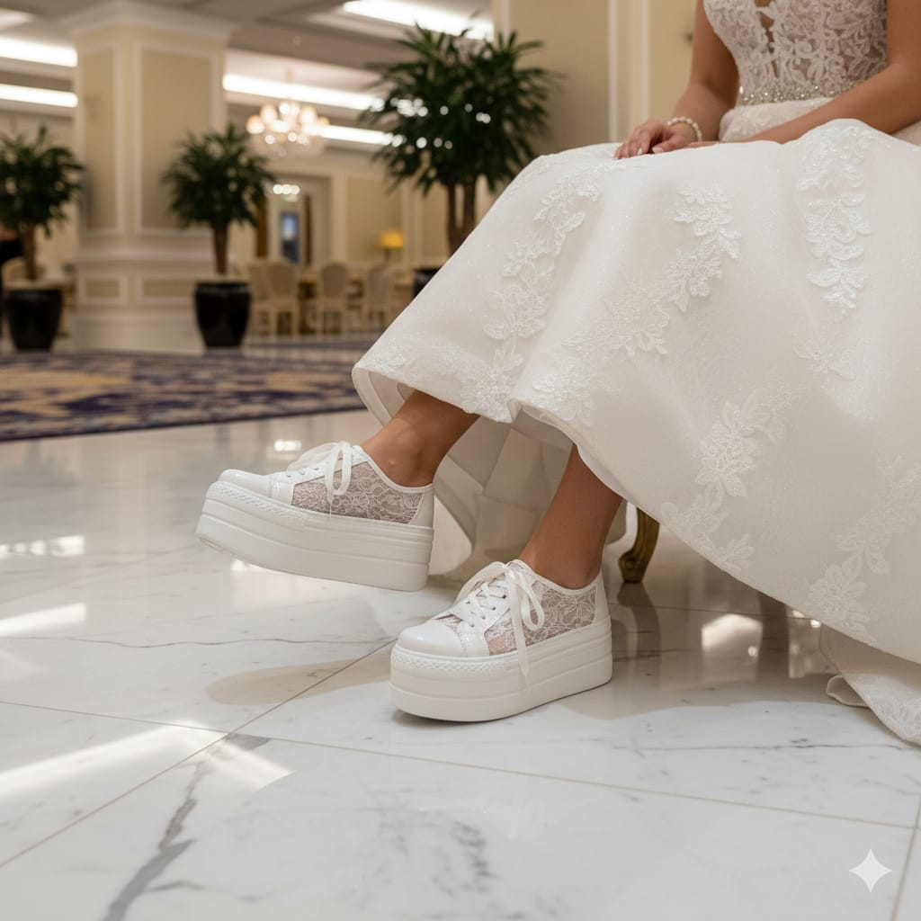 Person wearing a white lace dress and platform sneakers in an indoor setting.
