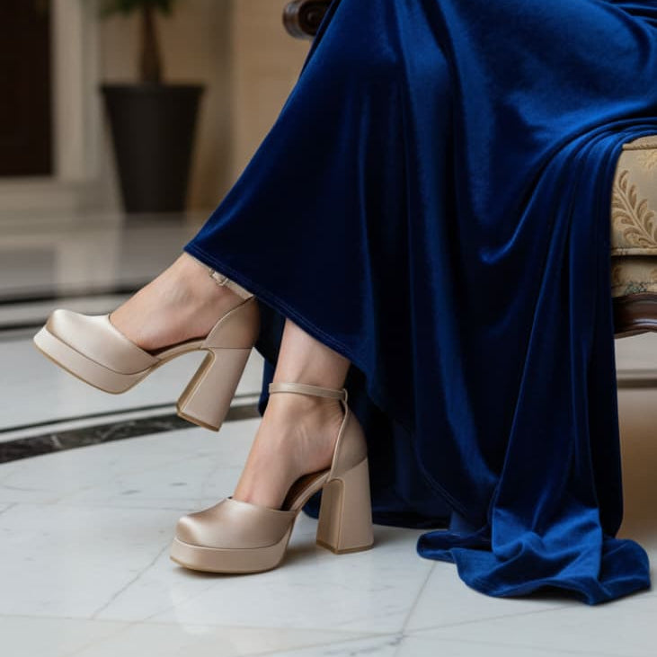 Gold high-heeled shoes and a blue dress in an indoor setting.