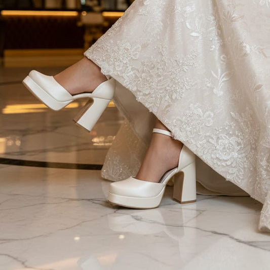 White wedding shoes worn with a lace dress on a marble floor.