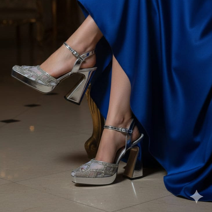 Person wearing silver high-heeled shoes and a blue dress in an elegant indoor setting.
