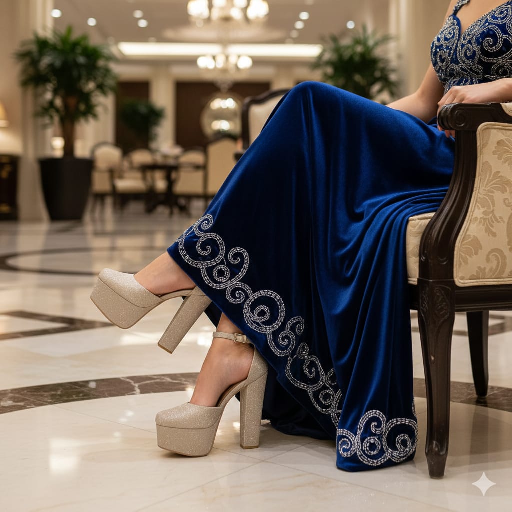 Person wearing a blue dress with intricate patterns and beige high-heeled shoes in an indoor setting.