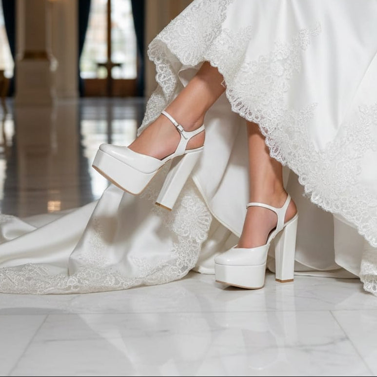 Bride in a white wedding dress with white platform shoes in an elegant indoor setting. Beirut Lebanon